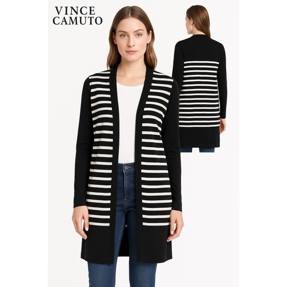 Vince Camuto Sweaters - Vince Camuto Striped Long Open‎ Front Cardigan Sweater Black White Size L